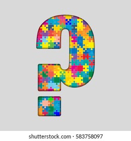 Vector puzzle piece sign - question mark. Jigsaw font shape of colored, multicolor, colour pieces, parts, tiles. Puzzle type, alphabet, font. Toy children of pieces jigsaw. Question, ask, answer.