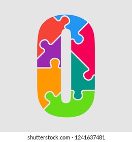 Vector puzzle pieces number - 0. Jigsaw figure shape of colored, multicolor, colour pieces, parts, tiles. Puzzle type, alphabet, font. Creative toy children of pieces jigsaw. Education symbol.