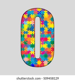 Vector puzzle pieces number - 0. Jigsaw figure shape of colored, multicolor, colour pieces, parts, tiles. Puzzle type, alphabet, font. Creative toy children of pieces jigsaw. Education symbol.