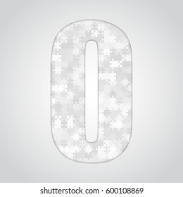 Vector puzzle pieces number - 0. Jigsaw figure shape of grey white pieces, parts, tiles. Puzzle type, alphabet, font. Creative toy children of pieces jigsaw. Education symbol.