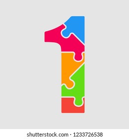 Vector puzzle pieces number - 1. Jigsaw figure shape of colored, multicolor, colour pieces, parts, tiles. Puzzle type, alphabet, font. Creative toy children of pieces jigsaw. Education symbol.