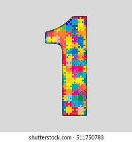 Vector puzzle pieces number - 1. Jigsaw figure shape of colored, multicolor, colour pieces, parts, tiles. Puzzle type, alphabet, font. Creative toy children of pieces jigsaw. Education symbol.