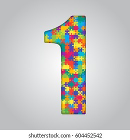 Vector puzzle pieces number - 1. Jigsaw figure shape of colored, multicolor, colour pieces, parts, tiles. Puzzle type, alphabet, font. Creative toy children of pieces jigsaw. Education symbol.