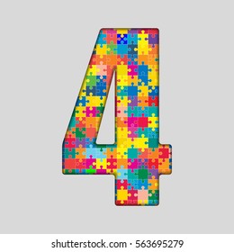 Vector puzzle pieces number - 4. Jigsaw figure shape of colored, multicolor, colour pieces, parts, tiles. Puzzle type, alphabet, font. Creative toy children of pieces jigsaw. Education symbol.
