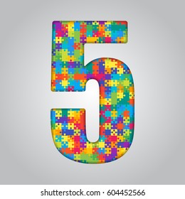 Vector puzzle pieces number - 5. Jigsaw figure shape of colored, multicolor, colour pieces, parts, tiles. Puzzle type, alphabet, font. Creative toy children of pieces jigsaw. Education symbol.