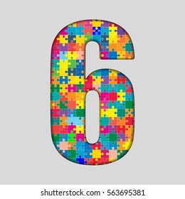 Vector puzzle pieces number - 6. Jigsaw figure shape of colored, multicolor, colour pieces, parts, tiles. Puzzle type, alphabet, font. Creative toy children of pieces jigsaw. Education symbol.