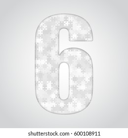 Vector puzzle pieces number - 6. Jigsaw figure shape of grey white pieces, parts, tiles. Puzzle type, alphabet, font. Creative toy children of pieces jigsaw. Education symbol.