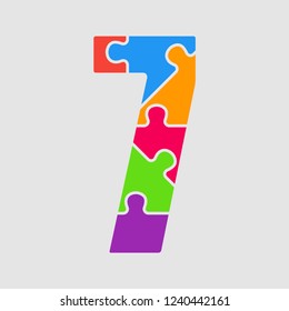 Vector puzzle pieces number - 7. Jigsaw figure shape of colored, multicolor, colour pieces, parts, tiles. Puzzle type, alphabet, font. Creative toy children of pieces jigsaw. Education symbol.