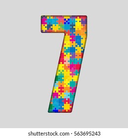 Vector puzzle pieces number - 7. Jigsaw figure shape of colored, multicolor, colour pieces, parts, tiles. Puzzle type, alphabet, font. Creative toy children of pieces jigsaw. Education symbol.