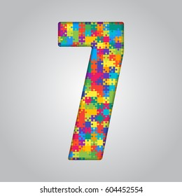 Vector puzzle pieces number - 7. Jigsaw figure shape of colored, multicolor, colour pieces, parts, tiles. Puzzle type, alphabet, font. Creative toy children of pieces jigsaw. Education symbol.