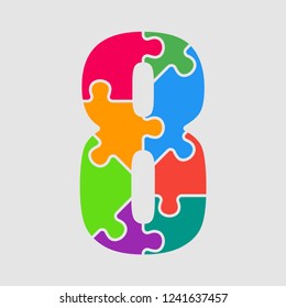 Vector puzzle pieces number - 8. Jigsaw figure shape of colored, multicolor, colour pieces, parts, tiles. Puzzle type, alphabet, font. Creative toy children of pieces jigsaw. Education symbol.