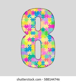 Vector puzzle pieces number - 8. Jigsaw figure shape of colored, multicolor, colour pieces, parts, tiles. Puzzle type, alphabet, font. Creative toy children of pieces jigsaw. Education symbol.