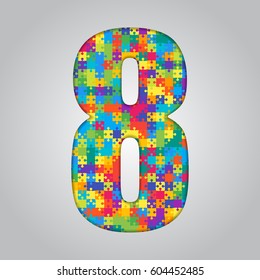Vector puzzle pieces number - 8. Jigsaw figure shape of colored, multicolor, colour pieces, parts, tiles. Puzzle type, alphabet, font. Creative toy children of pieces jigsaw. Education symbol.