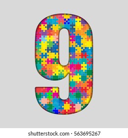 Vector puzzle pieces number - 9. Jigsaw figure shape of colored, multicolor, colour pieces, parts, tiles. Puzzle type, alphabet, font. Creative toy children of pieces jigsaw. Education symbol.