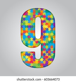 Vector puzzle pieces number - 9. Jigsaw figure shape of colored, multicolor, colour pieces, parts, tiles. Puzzle type, alphabet, font. Creative toy children of pieces jigsaw. Education symbol.