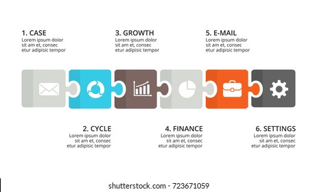 Vector puzzle timeline infographic, diagram chart, graph presentation. Business infographics progress concept with 6 options, parts, steps, processes.