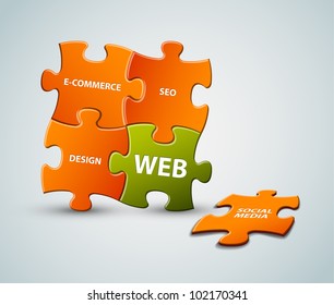 Vector puzzle web solution illustration - orange and green