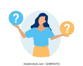 Vector of a puzzled young woman in doubt thinking, analyzing two options. 