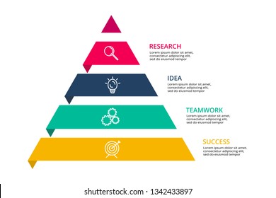 Vector pyramid up arrows infographic, diagram chart, triangle graph presentation. Business timeline concept with 4 options, parts, steps, processes. Icons and text data info graphic.