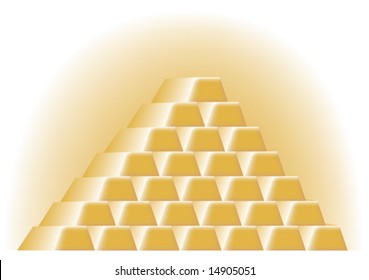 Vector pyramid of gold bars with golden glow