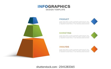 Infografía de pirámide de Vector, diagrama, presentación de gráfico triangular. Concepto de línea de tiempo de negocios con 3 partes