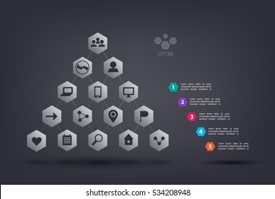 Vector pyramid infographics with web icons. Abstract element of chart, graph, diagram with 5 steps, options, parts, processes. Vector business template for presentation and training. Creative concept