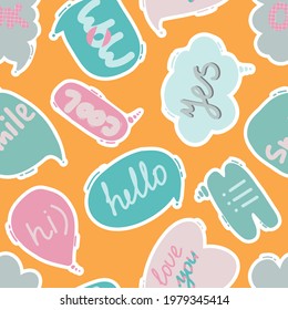 Vector Q pattern with clouds and hearts with inscriptions. Colorful fashion letters of different shapes. Seamless pattern for printing on fabric.