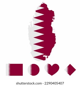 Vector of Qatar map flag with flag set isolated on white background. Collection of  flag icons with square, circle, love, heart, and rectangle shapes.