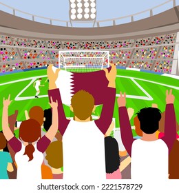 Vector of Qatari Soccer fans or crowd, supporters cheering and supporting thier national Football team with a Flag.