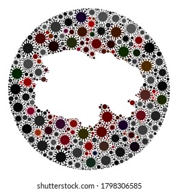 Vector Qinghai Province map collage of covid-2019 virus. Infection attacks the quarantine territory from out space. Hole circle Qinghai Province map collage designed with infection icons.
