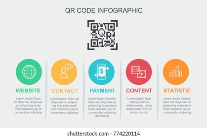 Vector QR code infographic template. 5 option, Website, Contact, Content, Statistic icon. Letter QR inside isolated on white background. Payment technology concept.