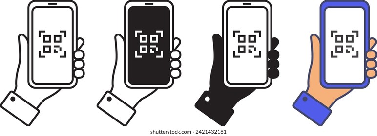 vector QR code scanning on smartphone. hand holding smartohone scanning QR code. payment. web. mobile app. promo. Vector illustration