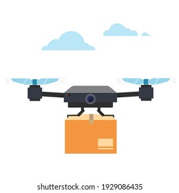 Vector quadcopter with a portable camera on a white background. Delivery of a cardboard box drone by air. EPS 10.