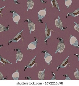 Vector Quail Birds in Brown Black White Gray on Purple Background Seamless Repeat Pattern. Background for textile, book covers, manufacturing, wallpapers, print, gift wrap and scrapbooking.