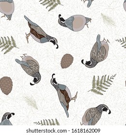 Vector Quail Birds, Ferns and Pinecones on Beige Background Seamless Repeat Pattern. Background for textile, book covers, manufacturing, wallpapers, print, gift wrap and scrapbooking.