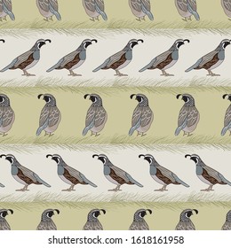 Vector Quail Birds and Pine Boughts on Beige Gold Stripes Seamless Repeat Pattern. Background for textile, book covers, manufacturing, wallpapers, print, gift wrap and scrapbooking.