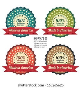 Vector : Quality Assurance and Quality Management Concept Present By Colorful Vintage Style Icon or Badge With Red Ribbon Made in America 100 Percent Satisfaction Guarantee Isolated on White
