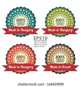 Vector : Quality Assurance and Quality Management Concept Present By Colorful Vintage Style Icon or Badge With Red Ribbon Made in Hungary 100 Percent Satisfaction Guarantee Isolated on White