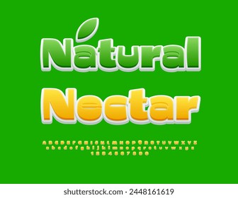 Vector quality badge Natural Nectar with decorative Leaf. Bold Yellow and White Font. Modern set of Alphabet Letters and Numbers