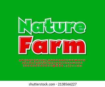 Insignia de calidad vectorial Granja Natural. Letras, números y símbolos alfabéticos modernos. Fuente creativa roja