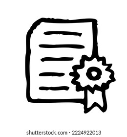 Icono de certificado de calidad del vector. Logro, premio, subvención, diploma. Lista de verificación, icono de tareas. Documento aprobado firmado. Proyecto completado. Signo moderno de línea de doodle simple, pictograma.