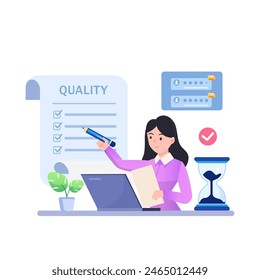 Vector quality control concept. Business people confirm and certify a quality product in accordance with ISO 9001. 