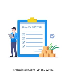 Vector quality control concept. Business people confirm and certify a quality product in accordance with ISO 9001. 