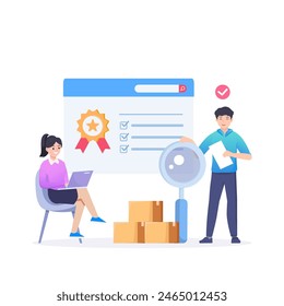 Concepto de control de calidad de Vector. La gente de negocios confirma y certifica un producto de calidad de acuerdo con la norma ISO 9001. 