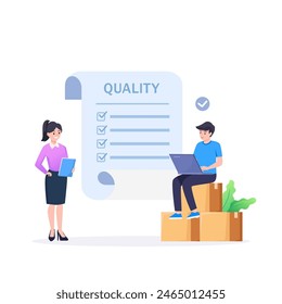 Vector quality control concept. Business people confirm and certify a quality product in accordance with ISO 9001. 