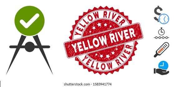 Vector quality control icon and grunge round stamp seal with Yellow River caption. Flat quality control icon is isolated on a white background. Yellow River seal uses red color and grunge surface.