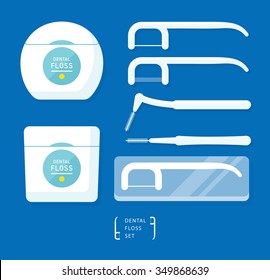 vector quality dental floss set / included floss box, inter dental brush, portable package, double line, twin string floss sticks / flat style / white isolated on blue