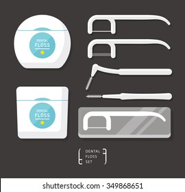 Vektor Qualität Zahnseide Set / inklusive Zahnseide Box, Interdentalbürste, tragbare Verpackung, Doppel-Linie, Twin-String-Seide Stöcke / flache Stil / weiß einzeln auf dunkelgrau