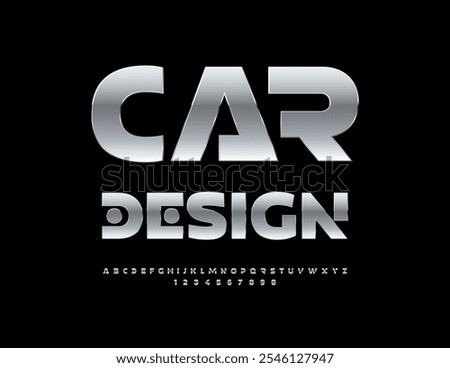 Vector quality icon Car Design.  Unique Silver Font. Digital Metallic Alphabet Letters and Numbers set.