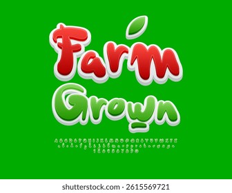Vector Quality label Farm Grown with decorative Leaf. Green Cursive Font. Creative Alphabet Letters and Numbers set.